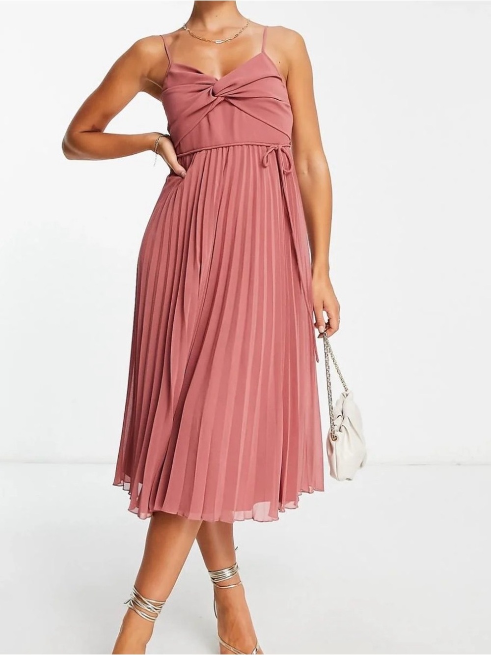 ASOS Dusty Rose Pleated Twist-Front Spaghetti Strap Midi Dress